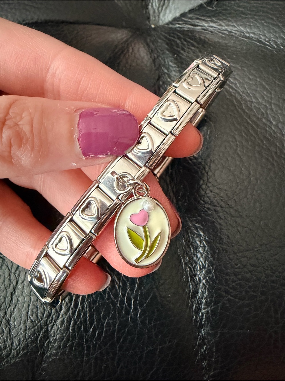 Silver Tone Italian Charm Bracelet with Pink Tulip Dangle – 19 Links